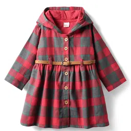 Babyhug Cotton Woven Full Sleeves Hooded Checks Front Open Frock With Belt - Maroon-picture-19