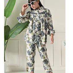 Bella Moda Cotton Woven Three Fourth Bell Sleeves Floral Printed Top & Coordinating Pant Set - White image 1