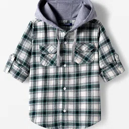 Pine Kids Cotton Woven Full Sleeves Brushed Hooded Shirt With Checks - Green-picture-33