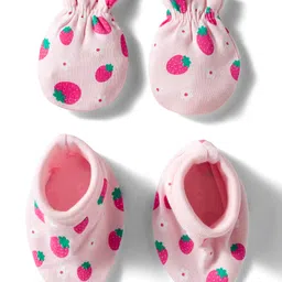 Babyhug 100% Cotton Knit Mittens & Booties Set with Strawberry Print - Pink-picture-25