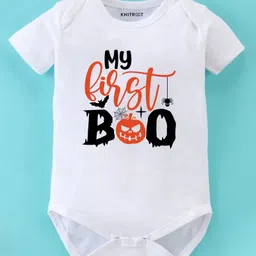 KNITROOT Halloween Theme Cotton Lycra Knit Half Sleeves My First Boo Text Printed Onesie - White-picture-14
