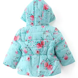 Babyhug Woven Full Sleeves Hooded Jacket with Bow Floral Print - Aqua Blue image 2
