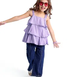 Babyhug 100% Rayon Woven Sleeveless Top with Lace & Frill Detailing Polka Dot Print - Light Purple image 2