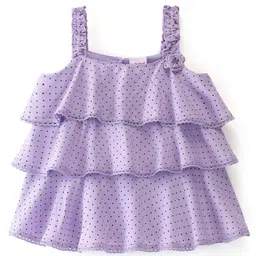 Babyhug 100% Rayon Woven Sleeveless Top with Lace & Frill Detailing Polka Dot Print - Light Purple image 4