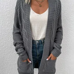 StyleCast Women Ribbed Long Sleeves Solid Front-Open-image-96