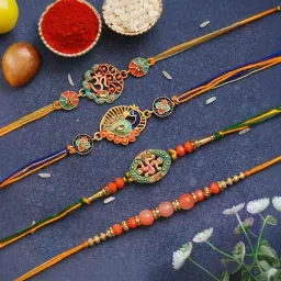 eCraftIndia Set of 4 Om, Swastika, Peacock, Pearls, Rakhis with Sibling Agreement & Roli Chawal Pack image 1
