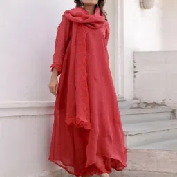 Asrumo Red Sukoon Summer Hand Aari Embroidery Viscose Organza Three Anarali Kurta with Palazzo and Dupatta image 1