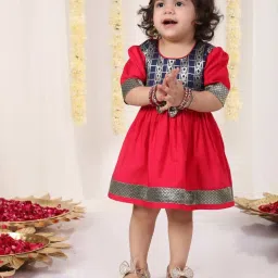 VASTRAMAY Girls Navy & Pink Solid Dresses image 1