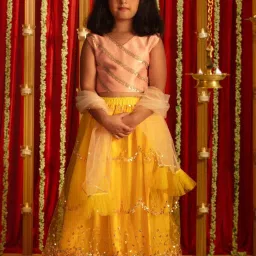 VASTRAMAY Girls Pink & Yellow Embroidery Lehenga Cholis image 1