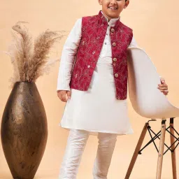 VASTRAMAY Boys Maroon & White Embroidery Full Sleeves Kurta Sets image 1