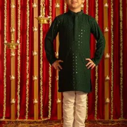 VASTRAMAY Boys Green & White Embroidery Full Sleeves Kurta Sets image 1