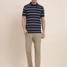 Greenfibre Navy Blue & White Cotton Striped Regular Fit T-Shirt image 5