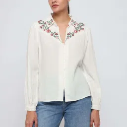 Cover Story White Regular Fit Embroidered Shirt image 1