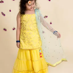 Pspeaches Girls Yellow Regular Fit Printed Kurta Set image 1