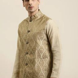 SOJANYA Beige Comfort Fit Jacquard Nehru Jacket-picture-46