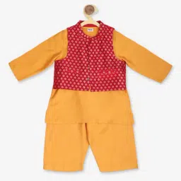 Fabindia Kids Yellow & Red Solid Kurta, Pyjamas with Jacket-image-54