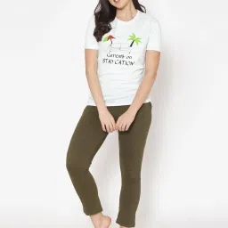 Clovia White Graphic Print Pajama Set image 1