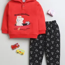 Bumzee Boys Red & Black Printed Full Sleeves Hoodie with Joggers image 1