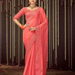 Odette Coral Embroidered Saree With Unstitched Blouse image 1