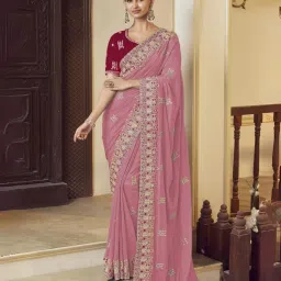 Odette Light Pink Georgette Embroidered Saree With Unstitched Blouse image 1