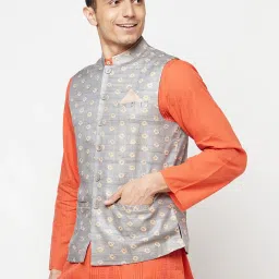 Fabindia Light Grey Sleeveless Mandarin Collar Nehru Jacket image 3