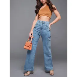 Miss Chase Blue Wide Leg High Rise Heavy Wash Regular Length Stretchable Cargo Denim Jeans image 5