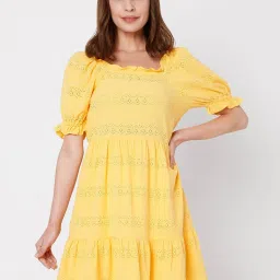 Vero Moda Yellow Self Design Skater Dress image 1
