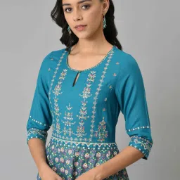 W Teal Blue Floral Print A Line Kurta image 5