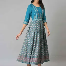 W Teal Blue Floral Print A Line Kurta image 4