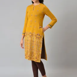 W Yellow Printed Straight Kurta image 3