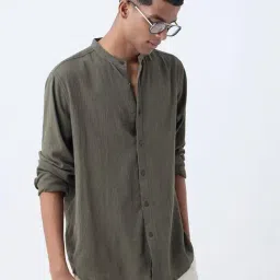 ETA by Westside Olive Textured Relaxed-Fit Cotton Shirt-image-66