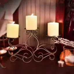 HOSLEY Black Iron Decorative Scroll Candelabrum with 3 Pillar Candles (32cm) image 1