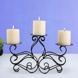 HOSLEY Black Iron Decorative Scroll Candelabrum with 3 Pillar Candles (32cm) image 3