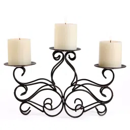 HOSLEY Black Iron Decorative Scroll Candelabrum with 3 Pillar Candles (32cm) image 2