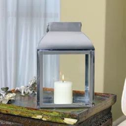 HOSLEY Silver Metal Lantern with Pillar Candle (12inch) image 1