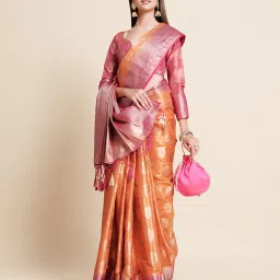 Mimosa Orange Floral Print Art Silk Kanjivaram Saree With Blouse image 3
