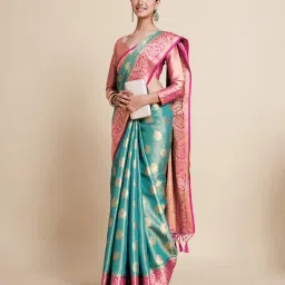 Mimosa Turquoise Printed Art Silk Kanjivaram Saree With Blouse image 3