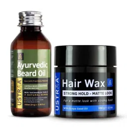 Ustraa Ayurvedic Beard Growth Oil & Strong Hold Hair Wax Matte Look Combo image 1