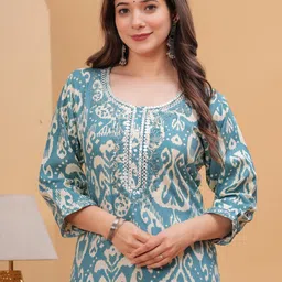 Fashion4word Ethnic Motifs Printed Thread Work Pure Cotton Kurta With Trousers image 5