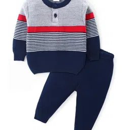 Babyhug Knitted Full Sleeves Striped Pullover Sweater Set - Navy Blue & Red-picture-24
