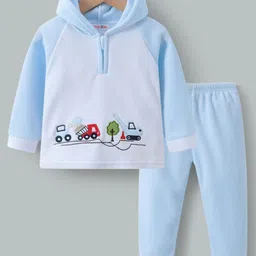 Kookie Kids Full Sleeves Hooded Winter Wear T-Shirt & Pant Set with Truck Embroidery - Blue & White-picture-11
