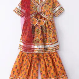 Teentaare Cotton Half Sleeves Kurti & Gharara Set with Dupatta Floral Print - Orange-picture-21
