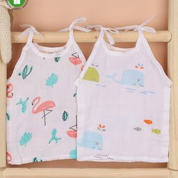 Mom's Home Muslin Organic Cotton Sleeveless Pack Of 2 Flamingo & Whale Printed Jhablas - White & Pink-picture-49