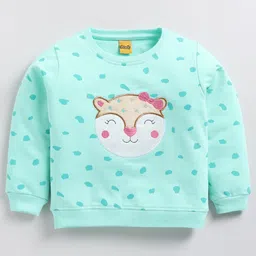 Kidcity Cotton Looper Full Sleeves Animal Face Embroidered Sweatshirt - Mint-picture-24
