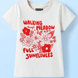 Pine Kids Cotton Knit Half Sleeves T-Shirt with Text & Floral Print - White-picture-33