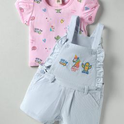 ToffyHouse Knitted Half Sleeves T-Shirt Dungaree Set with Hug Me Text Print & Embroidery - Light Blue & Pink-picture-49