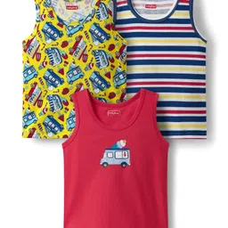 Babyhug 100% Cotton Knit Sleeveless Sandos With Stripes & Vehicle Print Pack of 3 - Red & Yellow-picture-32