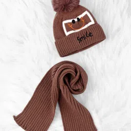 Babyhug Woolen Cap & Muffler Set With Smiley Motif Brown - 12 cm Diameter-picture-12