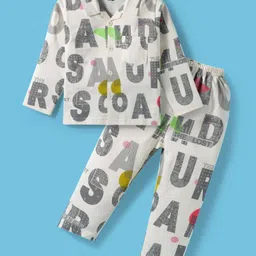 Evimo Single Jersey Knit Full Sleeves Co-Ord Night Suit With Text Print - White & Grey-picture-36