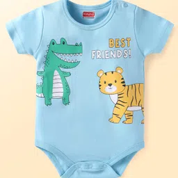 Babyhug Interlock Knit Half Sleeves Onesies With Animal & Dino Print Pack of 3 - Blue & White image 2